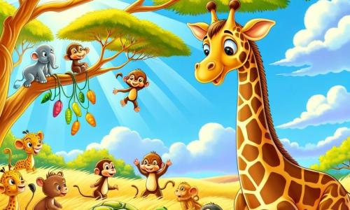 Una maestosa giraffa, con il lungo collo macchiato di marrone e crema, si trova al centro della savana dorata, il suo sguardo curioso e meravigliato. I suoi grandi occhi brillano di eccitazione mentre allunga la testa verso un gruppo di piccoli animali riuniti attorno a lei. Alla sua destra, una piccola tartaruga con il guscio verde e marrone, con un sorriso amichevole, alza la testa in direzione della giraffa, pronta a condividere una nuova avventura. Più lontano, un gruppo di scimmie dispettose, con pellicce marroni e dorate, si aggrappa ai rami di un albero di acacia, ridendo e lanciando frutti colorati. Il paesaggio è una savana soleggiata, punteggiata da erbe dorate che ondeggiano al vento, con alcuni maestosi acacie che offrono ombra. Sullo sfondo, il cielo è di un blu splendente, punteggiato da nuvole bianche e soffici. La giraffa, piena di curiosità, ascolta attentamente le storie degli altri animali, mentre una dolce brezza fa danzare le foglie attorno a loro, creando un'atmosfera gioiosa e amichevole.