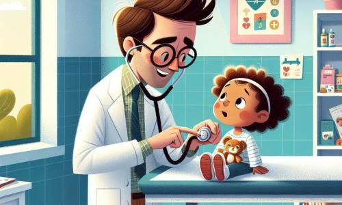 Il personaggio principale, il Dottor Marco, è un uomo di circa trent'anni con capelli castani e occhiali rotondi. Indossa un camice bianco, uno stetoscopio intorno al collo, e mostra un sorriso caloroso, dimostrando il suo impegno e la sua benevolenza verso i bambini. Sta esaminando una bambina, Sofia, di circa otto anni, con capelli ricci e uno sguardo preoccupato, seduta su un tavolo di esame e tiene un peluche per rassicurarsi. Il luogo è uno studio medico colorato e accogliente, con pareti dipinte di azzurro chiaro, manifesti educativi sulla salute e una grande finestra che lascia entrare la luce del sole. Giocattoli e libri per bambini sono sparsi nella stanza, creando un'atmosfera gioiosa e confortante. La situazione principale mostra il Dottor Marco mentre rassicura Sofia mentre le prende il polso, spiegandole in modo ludico l'importanza di bere acqua per rimanere in buona salute, mentre un dolce sorriso inizia a comparire sul volto della bambina.