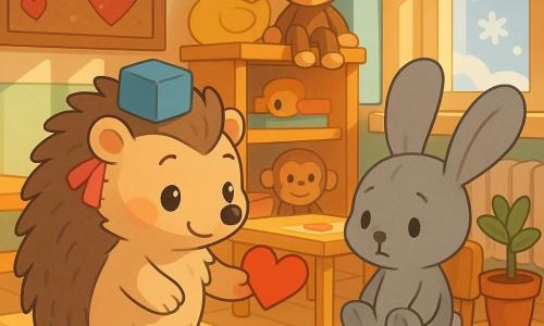 Un arici de pluș mic, expresie blândă și mândră, blană bej și ace catifelate, cu un cub albastru ca pălărie și o panglică roz la ureche, pune delicat o inimioară mică de hârtie roșie lângă un iepuraș de pluș gri așezat lângă un ghiveci; în raft, o rață galbenă și o maimuțică de pluș zâmbesc curioase; scena are loc într-o sală de grădiniță iarna, podea din lemn deschis, mese joase cu hârtie colorată și creioane, panou de plută cu inimioare, lumină caldă filtrată printr-o fereastră cu fulgi, compoziție centrată, paletă pastel cu accente roșii și roz.