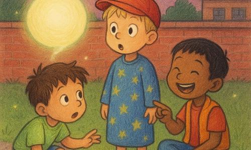 Ci sono tre bambini: Leo, circa 6 anni, capelli castani spettinati, maglietta verde chiaro e pantaloncini blu, accovacciato a sinistra, guarda la luce stupito e tende la mano; Nico, circa 6 anni, capelli biondi a caschetto, cappellino rosso e pigiama blu a stelle, in piedi al centro, occhi spalancati e bocca a o di meraviglia; Sam, circa 6 anni, capelli neri lisci, gilet arancione e jeans, seduto a destra sull'erba, ride e indica la luce. Ambientazione: cortile della scuola al crepuscolo, ghiaia e prato, piccolo muro di mattoni rossi con tetto grigio sullo sfondo, qualche lucciola e cielo violetto-rosato con stelle nascenti. Situazione: una grande bolla luminosa rotonda color latte-limone pallido con una sottile scia scintillante come zucchero filato fluttua dietro il muro, emette una calda luce con lieve alone verde menta e lascia cadere una piccola scintilla a forma di ping; i tre bambini sono vicini, meravigliati e curiosi. Stile: colori tenui, tratti di matita visibili, texture carta, atmosfera calma e magica.