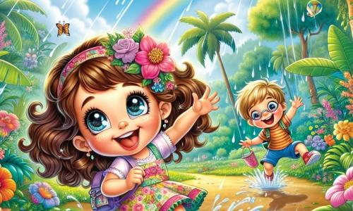 Una niña de 4 años, llamada Lila, con grandes ojos brillantes y cabello rizado castaño, lleva un vestido colorido y una mochila pequeña. Ella salta alegremente en un charco, salpicando a su alrededor, con una gran sonrisa en el rostro. A su lado, un niño de 5 años, Tomás, con cabello rubio y gafas redondas, ríe mientras salta en otro charco, con los brazos levantados. Un poco más lejos, una niña de 4 años, Sara, con cabello largo y liso, lleva una trenza y un vestido rosa, y está recogiendo una flor colorida, maravillada por su belleza. El escenario es una jungla exuberante, llena de árboles gigantes con hojas verdes brillantes, flores vibrantes de todos los colores y un cielo azul salpicado de nubes blancas. A lo lejos, un arcoíris brilla después de la lluvia, añadiendo un toque mágico a la escena. La situación principal muestra a Lila y sus amigos divirtiéndose juntos bajo la lluvia, saltando en los charcos y descubriendo la belleza de la naturaleza, riendo y maravillándose de las maravillas de la jungla.