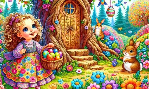A 4-year-old girl with sparkling big eyes and curly blonde hair is wearing a colorful dress adorned with flowers. She smiles in wonder, holding a wicker basket filled with colorful Easter eggs. Next to her, her mother, a smiling woman in her thirties with brown hair tied in a bun and a light dress, encourages her with a warm look, standing slightly back to observe her daughter. The setting is an enchanted garden bathed in golden light, filled with vibrant flowers of all colors, large trees with gnarled trunks, and a small magical wooden door at the base of a majestic tree. The main scene shows the little girl discovering a secret path in the garden, surrounded by joyful animals like rabbits and birds, as she prepares to open the magical door, ready to enter a fairy tale world filled with Easter surprises.