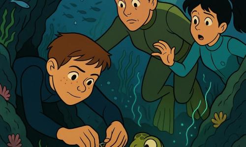 Ein 12-jähriger Junge, ruhig und konzentriert, rundes Gesicht mit Sommersprossen, nasses kurzes kastanienbraunes Haar, dunkelblauer Tauchanzug, streckt sich in eine enge Felsritze unter Wasser und löst mit präzisen Fingern behutsam ein Netz von der Flosse einer kleinen Meeresschildkröte; seine Augen sind entschlossen. Neben der Ritze schwebt eine etwa 40-jährige Biologin mit silbergrauen Haaren im Dutt und khakifarbenem Tauchanzug, die schützend die Hand nach dem Jungen ausstreckt und aufmerksam schaut. Am Eingang der Höhlung wartet ein etwa 11-jähriges Mädchen mit schwarzer Pferdeschwanzfrisur im türkisfarbenen Tauchanzug, der Mund leicht offen, erstaunt und besorgt, sie beleuchtet die Szene mit einer Handbewegung. Die kleine Meeresschildkröte mit braun-grünen Schuppen und sanften Augen steckt in einer halbtransparenten Netzschlinge und wendet den Kopf dem Jungen zu. Um sie herum wirbeln Schwärme kleiner silbriger Fische, grünes Seetang-Getümmel und blaugrüne biolumineszente Fäden, die sanft leuchten; die dunkle Felsritze ist mit rosa und gelben Korallen gesäumt, die Wände texturiert, Sand am Grund, schräg einfallende Sonnenstrahlen durchbrechen das Wasser und Blasen steigen zur Oberfläche. Szene: intimer, friedlicher Taucherrettungsmoment voller stiller Spannung und Solidarität, behutsames Entwirren des Netzes.