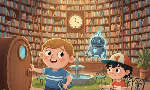 An 8-year-old boy with a round face, short chestnut hair, big curious eyes and a smiling, amazed expression pushes a small bronze round door and steps into a secret circular library at interior twilight, holding a blue-covered notebook and a pencil in his right hand; to his right Jonah, a boy about 8 with messy black hair and a cap bearing a squirrel, sits on an indoor garden bench reaching toward a hat near a small silver bookmark that glints; behind them a 40 cm metallic librarian robot with a round body and pale blue lights floats or rolls on a shelf and blinks as if speaking; the room has tall shelves of colorful books with wooden ladders, potted plants and a small garden with a stone fountain, a large wall clock with slightly misaligned hands, warm golden skylight contrasting with the robot’s blue halos and the bookmark’s silver sparkle, creating a soft, curious, slightly mysterious atmosphere.