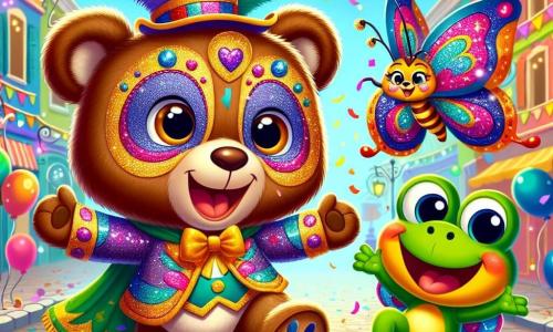 Um pequeno ursinho de pelúcia chamado Tico, com pelagem marrom macia e olhos brilhantes de alegria, dança entusiasticamente no meio de uma rua colorida, vestindo uma fantasia de carnaval vibrante com penas e brilhos. Ao seu lado, uma linda borboleta chamada Lili, com asas multicoloridas brilhantes, voa alegremente batendo as asas, enquanto um pequeno sapo verde chamado Pepe, com um sorriso travesso, salta no chão pavimentado, cercado de confetes. O cenário é uma rua festiva, decorada com guirlandas coloridas, balões flutuantes e luzes cintilantes, criando uma atmosfera alegre e vibrante. A cena mostra Tico, Lili e Pepe celebrando juntos a magia do carnaval, lançando confetes ao ar, cheios de excitação e amizade.