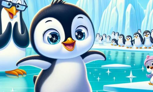 Um pequeno pinguim chamado Pipo, com plumagem preta e branca brilhante, está em cima do gelo, com um grande sorriso no rosto e olhos brilhantes de alegria e determinação. Ele desliza graciosamente na superfície da água, usando sua nadadeira curta para se impulsionar, enquanto faz uma pirueta alegre. Perto dele, uma pinguim chamada Lila, com plumagem suave e olhos brilhantes, aplaude entusiasticamente, seu rosto radiante de admiração. Um velho pinguim sábio, o Sr. Pingu, com um ar benevolente e óculos no nariz, observa com orgulho, com as asas cruzadas, mantendo-se um pouco afastado. O cenário é uma vasta extensão de gelo cintilante sob um céu azul claro, pontilhado de nuvens brancas e fofas. Icebergs majestosos se erguem no horizonte, e outros pinguins, reunidos ao redor, assistem com espanto. A cena principal mostra Pipo deslizando com entusiasmo, celebrando sua diferença e inspirando seus amigos a se juntarem a ele na alegria do movimento e da amizade.