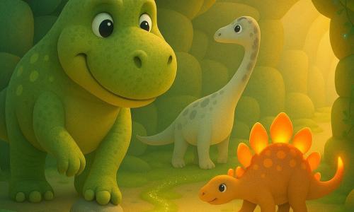 Un Tyrannosaurus Rex numit Tauri, mare și blând, cu față rotundă și ochi strălucitori, piele verde-olive cu pete mai deschise, deschide calea cu o labă și împinge ușor o pietricică; Rufus, un diplodoc subțire și timid cu gât petecat crem și gri, ascultă ecourile și urmează o urmă de mușchi sclipitor, aflat imediat în spatele lui Tauri; Lini, un stegozaur mic cu plăci dorsale care luminează ca niște felinare portocalii, agită coada luminoasă pentru a ilumina peștera, poziționat lateral spre ieșire; decorul e un labirint de piatră netedă cu pereți acoperiți de mușchi verde, liane cu flori albastre sclipitoare și sol neregulat cu bălți strălucitoare, lumină aurie filtrată, atmosferă caldă și culori saturate.