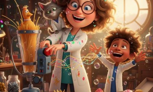 The central woman, Penelope, beams with a radiant smile and sparkling blue eyes behind large round glasses, tousled chestnut hair, wearing a white smudged smock, joyfully pressing a big red button on a whimsical machine that mixes a rubber chicken, spaghetti strands and a small marzipan crown; Whiskers the small gray cat in a mini lab coat sits on her left shoulder, blasé but curious with whiskers covered in bubbles; Benny, about ten with messy brown hair, stands to her right, laughing and covered in colorful bubbles as he tries to catch floating ones; the cluttered, warm workshop has wooden benches strewn with shiny tools, glass jars of screws, string and candy, multicolored garlands, an open cupcake box, confetti and marzipan stains on the floor, and golden light through a large round window; the main scene shows the 
