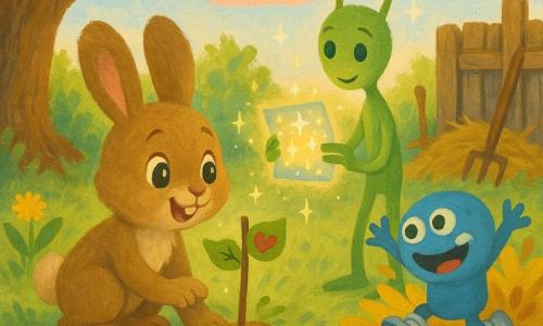 A small brown-furred rabbit kneeling to plant a tiny stick-and-leaf flag with a mud heart; a round blue three-eyed alien with silver bouncing boots leaps into a leaf pile to the rabbit’s right; a slender green alien with noodle antennas tenderly offers a small glowing card while standing by an old wooden pen; sunny intimate garden with an old oak to the left, wooden pen with straw and tools, clover and dandelions, soft leaf pile, textured green grass and a clear sky with pink clouds; a warm, surprised meeting exchanging a friendship flag and glowing card with sparkles and stardust, soft wonder, pastel gouache palette and visible brushstrokes.