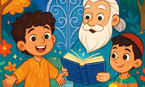 Amir, a young man with sparkling eyes and curly brown hair, stands at the center of the scene, his face radiant with wonder and curiosity. He wears a light tunic with golden patterns, and his arms are open as if welcoming a new adventure. Beside him, Samir, an older man with a long silver beard and a kind smile, holds a magical book with shimmering pages, his eyes shining with intelligence and wisdom. Rami, a young boy in colorful clothes with a mischievous look, stands slightly back, holding a small sparkling treasure in his hand, his expression full of hope. The scene takes place in an enchanting garden, where bright flowers dance in a gentle breeze. Majestic trees with golden leaves rise, and a path of sparkling stones winds through the landscape. In the distance, a starry sky illuminates the night, creating a magical atmosphere. The three characters stand before a silver door adorned with delicate patterns, ready to open into a new world. The air is charged with excitement, and the moment is filled with anticipation as they prepare to discover the wonders of the Kingdom of Curiosity.