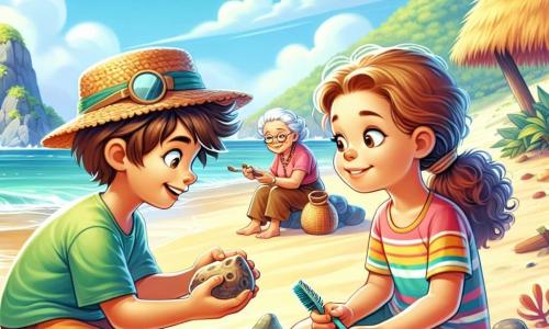 A young man, smiling and curious, is crouched on a golden sandy beach, holding a small piece of pottery in his hands. He has brown hair, sunglasses on his nose, and wears a straw hat to shield himself from the bright sun. His sparkling gaze shows his wonder at this discovery. Next to him, a young girl of about 10, with long curly hair, watches in fascination. She wears a colorful t-shirt and shorts, holding a small brush to clean the sand around the found objects. A little further away, an elderly woman, the village grandmother, sits on a rock weaving a pandanus basket, with a benevolent smile on her face, proudly watching the children. The setting is a tranquil beach lined with lush palm trees and coral rocks, while the turquoise sea gently washes ashore. The sky is bright blue, dotted with fluffy white clouds. The main scene shows the young man and girl sifting through the sand, uncovering treasures from the past, while the grandmother encourages them with stories about the ancestors who lived on this land. The atmosphere is joyful and full of wonder, capturing the magic of archaeology and the connection between generations.