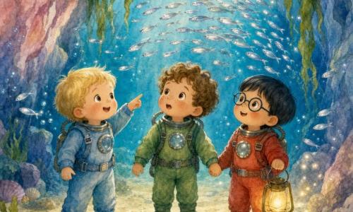 Três meninos de 3 anos: Leo, cabelos loiros curtos, olhos curiosos, veste roupa de mergulho azul-claro, à esquerda apontando e sorrindo para um cardume de sardinhas; Rui, cabelos castanhos encaracolados com sardas, veste roupa verde, no centro segurando as mãos dos outros e maravilhado com a luz dos peixes; Tomé, cabelos pretos lisos, óculos redondos de brinquedo, veste roupa vermelha, à direita segurando uma pequena lanterna que projeta manchas douradas. Cena numa caverna submarina de paredes rosa e azul cobertas por algas verdes que se abrem como cortinas, chão de areia bege com conchas, água transparente turquesa com bolhas prateadas; os três em círculo perto da abertura observam um grande cardume de sardinhas prateadas passando em onda brilhante, com peixinhos luminosos criando pontos cintilantes ao redor e expressões de encanto e calma.