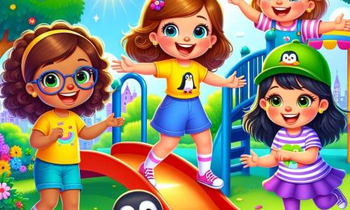 Quatro meninas alegres, com cerca de 8 anos, estão em um parque colorido. Ana, com cabelos castanhos e óculos redondos, usa uma camiseta amarela e um short azul, sorrindo enquanto levanta os braços. Bia, com cabelos loiros e cacheados, veste um vestido rosa e faz um gesto de surpresa. Clara, com cabelos castanhos e um boné verde, usa uma camiseta listrada e olha ao redor com curiosidade. Duda, com cabelos negros e lisos, está de leggings roxas e uma camiseta com estampas de pinguins, apontando para um grande escorregador. O parque é vibrante, com flores coloridas, árvores verdes e um grande escorregador vermelho brilhando ao sol. Ao fundo, um lago brilha e pássaros voam no céu azul. As meninas estão procurando um pinguim de pelúcia perdido, rindo e se perguntando onde ele pode estar, criando uma atmosfera alegre e lúdica.