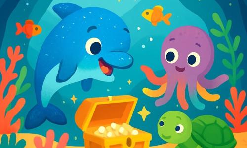 Un pequeño delfín llamado Luna, con una piel azul brillante y una sonrisa alegre, nada con entusiasmo en una cueva submarina. Sus ojos brillan de emoción al descubrir un cofre dorado. A su lado, un pulpo llamado Olly, con brazos multicolores y ojos redondos, mira el cofre con asombro, sus tentáculos flotando a su alrededor. Un poco más lejos, una tortuga llamada Tuga, con un caparazón verde y ojos dulces, nada lentamente, mostrando una expresión de curiosidad. La cueva está llena de corales coloridos, peces de tonos brillantes y luces centelleantes que bailan en las paredes. El cofre dorado, abierto, brilla en el centro, rodeado de perlas y conchas brillantes. La escena emana una atmósfera de magia y aventura submarina, llena de descubrimientos alegres.