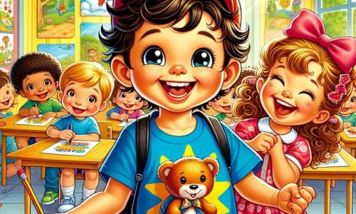 Um menino de 6 anos, Miguel, está no centro da imagem, com um grande sorriso no rosto e os olhos brilhando de excitação. Ele usa uma camiseta azul vibrante com um desenho de sol e um boné vermelho, segurando um pequeno ursinho de pelúcia nos braços. Ao lado dele, uma menina de 6 anos chamada Ana, com cabelos cacheados e um bonito laço rosa, sorri alegremente enquanto segura um desenho colorido de flores. Ao fundo, uma sala de aula iluminada e acolhedora, com paredes amarelas, cartazes coloridos sobre aprendizado e mesas de madeira onde outras crianças estão sentadas, desenhando. A cena principal mostra Miguel e Ana, cercados pelos colegas, compartilhando seus desenhos e rindo juntos, celebrando o início do ano letivo com entusiasmo e amizade.