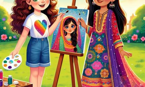 A 12-year-old girl, Ella, with curly brown hair and sparkling curious eyes, stands in the center of the image, smiling and full of enthusiasm. She wears a colorful t-shirt and denim shorts, holding a paint palette in one hand and a brush in the other, ready to create a piece of art. Next to her is Amina, a 12-year-old girl of Pakistani descent, with long, smooth black hair, wearing a colorful traditional dress. She smiles proudly, holding a canvas on which she has painted vibrant patterns from her culture. Amina stands slightly back, but her gaze is on Ella, sharing a moment of connection. Their environment is a sunny garden filled with bright flowers and lush trees, with a wooden picnic table scattered with paint pots and brushes. The blue sky has a few white clouds, creating a joyful and welcoming atmosphere. The main scene shows Ella and Amina painting together, celebrating their friendship and diversity through art, illustrating the theme of tolerance and acceptance of cultural differences.