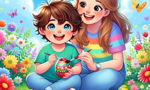 Un niño pequeño de 2 años, Lucas, con cabello castaño desordenado y ojos brillantes de alegría, está sentado en la hierba verde del jardín, rodeado de flores coloridas. Sostiene un huevo de Pascua rojo en sus manos, con una gran sonrisa iluminando su rostro. A su lado, su mamá, una mujer de unos treinta años con cabello largo y rubio, vestida con una camiseta colorida y pantalones de mezclilla, lo anima con una sonrisa cálida, mientras sostiene un pincel y una paleta de pintura. El jardín está lleno de flores brillantes de todos los colores, con mariposas revoloteando alrededor, y un cielo azul claro salpicado de nubes blancas. Lucas está pintando huevos de Pascua con su mamá, creando decoraciones alegres, mientras risas y destellos de colores llenan el aire, haciendo de este momento algo mágico y festivo.