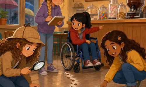 Hay cuatro niñas: Clara (unos 10 años) con cabello castaño claro rizado y gorra de detective, sostiene una lupa y mira una huella de harina en el suelo; Lucía (unos 10) con coleta negra en silla de ruedas azul, lleva chaqueta roja y señala una pista de migas hacia el trasero del mostrador; Ana (unos 9) con trenza rubia, de pie con cuaderno y lápiz, observa las migas; Sofía (unos 10) con cabello castaño y amplia sonrisa, agachada junto a una taza de chocolate volcada, muestra una huella de zapato en la harina. Lugar: cantina escolar interior cálida y colorida con mostrador de madera claro, frascos de golosinas y máquina de chocolate detrás, pizarra de menú, luz amarilla suave, ventana empañada con lluvia y paraguas fuera, suelo con rastro de harina blanca y migas marrones. Situación: las cuatro pequeñas investigadoras examinan juntas la escena del misterio —lupa, cuaderno, huella de harina y migas que llevan a la puerta trasera— con atmósfera serena y curiosa en estilo vectorial nítido, apto para libro infantil.