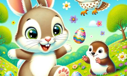 Ein kleiner Hase namens Max mit einem weichen, braunen Fell, großen aufrechten Ohren und strahlenden Augen springt begeistert mitten in einer blühenden Wiese mit einem breiten Lächeln im Gesicht. Neben ihm fliegt Lila, eine Eule mit weißen und grauen Federn und runden, neugierigen Augen, leicht über ihn hinweg und zeigt einen Ausdruck der Aufregung. Toby, ein kleiner Maulwurf mit dunkelbraunem Fell und einer rosa Nase, taucht aus der Erde auf, seine Augen strahlen vor Glück, während er ein buntes Ei in seinen kleinen Pfoten hält. Die Szene spielt sich in einer sonnigen Wiese ab, die mit bunten Blumen übersät ist, im Hintergrund stehen grüne Bäume und der Himmel ist blau mit flauschigen weißen Wolken. Max, Lila und Toby feiern den Frühling, indem sie bunte Eier suchen, die unter den Blumen versteckt sind, voller Freude und Freundschaft.