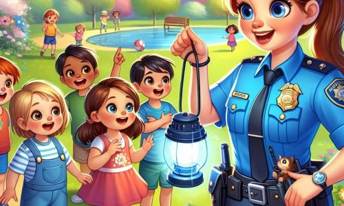 A policial Ana, uma mulher sorridente de cerca de trinta anos, veste um uniforme azul brilhante sob o sol. Seus cabelos castanhos estão presos em um rabo de cavalo e ela tem um olhar caloroso e encorajador. Ela está em pé, mostrando uma lanterna a um grupo de crianças, com uma expressão entusiasmada no rosto. Lucas, um menino de oito anos, está ao seu lado, vestindo um colete de policial muito grande para ele, com olhos brilhantes de excitação. Sofia, uma menina de sete anos, está um pouco atrás, segurando uma pequena lanterna e sorrindo maravilhada, pronta para fazer perguntas. Miguel, um menino de nove anos, observa atentamente, com os braços cruzados e uma expressão curiosa. A cena acontece em um parque verdejante, cheio de flores coloridas e árvores majestosas, onde as crianças brincam e riem. Ao fundo, um grupo de crianças joga bola, enquanto um gato está empoleirado em um galho, adicionando um toque de aventura à ilustração. A situação principal mostra Ana explicando às crianças a importância da segurança, enquanto lhes ensina a usar ferramentas de polícia, criando um momento de aprendizado alegre e envolvente.