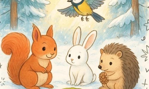 Nino, un giovane scoiattolo dal pelo rosso e dagli occhi scintillanti, è seduto su un tappeto di neve scintillante, con un sorriso timido sulle labbra. Accanto a lui, Lilla, una lepre bianca dalle lunghe orecchie, osserva con dolcezza, le zampe delicatamente posate sulla neve. Timo, un piccolo riccio dal volto curioso, tiene una pigna tra le zampe, con un'aria concentrata sul viso. Marta, una cinciallegra dalle piume colorate, vola sopra di loro, le ali spiegate in un movimento aggraziato. La scena si svolge in una radura innevata, circondata da grandi alberi coperti di neve, con raggi di sole che filtrano attraverso i rami, illuminando i cristalli di neve. Gli amici stanno creando un vassoio di foglie per deporre delicatamente i cristalli di neve, ognuno brillante come stelle in miniatura.