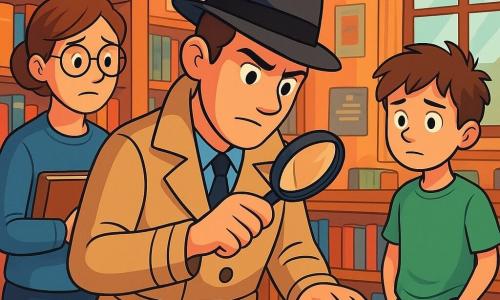 Un uomo detective, Marco, è in piedi al centro della biblioteca, con uno sguardo determinato e curioso. Indossa un trench beige, un cappello nero e tiene una lente d'ingrandimento nella mano destra, scrutando attentamente un libro aperto su un tavolo di legno. Alla sua sinistra, una donna di mezza età, la bibliotecaria Madame Bianchi, con occhiali rotondi e capelli castani, osserva Marco con un misto di preoccupazione e speranza, indossando un maglione blu e tenendo un libro contro il petto. A destra di Marco, un giovane ragazzo di nome Luca, di circa 10 anni, con capelli castani disordinati e una maglietta verde, guarda il detective con un'espressione colpevole, le mani nelle tasche dei pantaloni. La biblioteca è spaziosa, con scaffali pieni di libri colorati, tavoli di legno e lampade antiche che diffondono una luce soffusa. La scena principale mostra Marco che esamina il libro mancante, mentre Luca, visibilmente nervoso, si prepara ad ammettere il suo errore, creando un'atmosfera di tensione e curiosità.