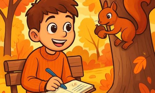 Un băiat de 12 ani, cu păr castaniu și ochi strălucitori de curiozitate, stă pe o bancă din lemn într-un parc de toamnă. Poartă un pulover portocaliu din lână și blugi albaștri, iar fața lui radiază de bucurie și uimire în timp ce ține un caiet deschis pe genunchi, notând cu un stilou albastru. Aproape, o veveriță roșie, cu o coadă pufoasă și ochi vioi, se cațără agil pe un trunchi de copac, căutând nuci, adăugând o notă de viață scenei. Parcul este plin de copaci cu frunze aurii și roșii, solul este acoperit cu frunze crocante, iar un rază blândă de soare străbate ramurile, iluminând atmosfera liniștită. Băiatul observă cu atenție natura din jur, fascinat de culorile vibrante ale toamnei și de mișcările animalelor, notând minunile acestei sezoane magice.