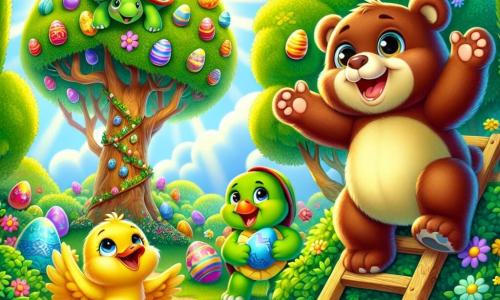 Oso, un oso de peluche sonriente con suave pelaje marrón y ojos brillantes, está subiendo por una escalera de madera para alcanzar un árbol mágico lleno de huevos coloridos. Expresa gran emoción, con los brazos abiertos y una amplia sonrisa en su rostro. A su lado, Tula, una tortuga verde con un caparazón adornado de flores, mira hacia arriba con asombro, sus ojos brillando de alegría. Paco, un pato amarillo con plumas brillantes, se encuentra abajo, riendo y agitando sus alas, mientras que Roco, un pequeño conejo de grandes orejas blancas, se esconde detrás de un arbusto, sosteniendo un huevo brillante y sonriendo con picardía. El lugar es un hermoso jardín primaveral, lleno de flores coloridas, árboles majestuosos y rayos de sol filtrándose a través de las hojas. Huevos de Pascua de colores vivos están esparcidos por el entorno, añadiendo un toque festivo a la escena. La situación principal muestra a Oso buscando huevos en el árbol mágico, rodeado de sus amigos que lo animan y se divierten, creando una atmósfera alegre y llena de camaradería.