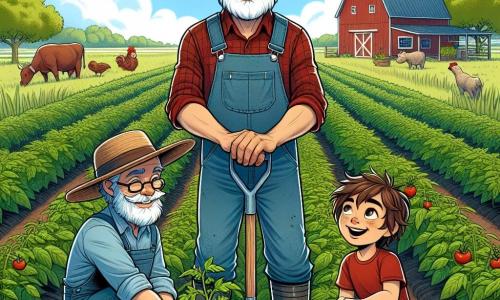 Un agricoltore sorridente, Giovanni, un uomo di mezza età con una barba bianca e un grande cappello di paglia, si trova in un campo verde. Indossa una salopette di denim e stivali di gomma, tenendo una pala in una mano e una piantina di pomodoro nell'altra, con un'espressione di orgoglio sul volto. Accanto a lui, un giovane ragazzo di circa 8 anni di nome Luca, con i capelli castani e indossando una maglietta rossa e pantaloni corti, osserva con meraviglia le piantine appena piantate. È accovacciato, con gli occhi brillanti di curiosità, pronto a imparare. Il paesaggio è un ampio campo di ortaggi, con file di piante verdi che si estendono a perdita d'occhio, sotto un cielo blu punteggiato di nuvole bianche. Sullo sfondo si vede un fienile rosso e animali da fattoria, come mucche e galline. La scena principale mostra Giovanni che insegna a Luca come piantare semi, trasmettendo la sua esperienza con passione e gioia, in un'atmosfera calorosa e amichevole, dove la natura e l'amicizia si intrecciano.