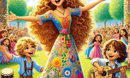 Al centro dell'immagine, Livia, una donna dai lunghi capelli ricci e dorati, irradia gioia. Indossa un abito colorato decorato con motivi musicali e canta con passione, i suoi occhi brillano di emozione. I suoi braccia sono aperte, come se volesse abbracciare la musica che la circonda. Accanto a lei, Marco, un ragazzo di 8 anni con i capelli castani disordinati e un grande sorriso, suona una chitarra fatta a mano. È concentrato e felice, guardando Livia con ammirazione. Poco dietro, Sofia, una bambina di 7 anni con capelli biondi e occhi scintillanti, batte gioiosamente su un tamburo, aggiungendo ritmo alla melodia. Il contesto è un parco vibrante, pieno di alberi con foglie verdi brillanti e fiori colorati. Le persone si radunano attorno a loro, alcuni ballano, altri applaudono, creando un'atmosfera festosa e gioiosa. La scena principale mostra Livia e i bambini che suonano insieme, unendo le loro voci e strumenti per creare una melodia incantevole che fa vibrare il cuore di tutti coloro che li ascoltano.