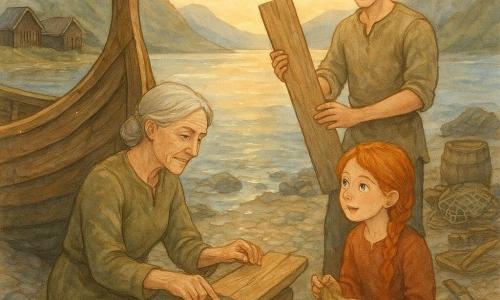Una donna (Signý), viso segnato dal sale e occhi chiari come acqua fredda, concentrata e serena, è inginocchiata sotto la prua di un drakkar di legno, tiene una lima e accarezza una tavola screpolata; una bambina (Runa) di circa 8 anni, capelli rossi in treccia, guarda incantata tenendo un panno unto vicino alla chiglia accanto a Signý; un ragazzo (Eirik), adolescente di circa 16 anni, capelli castani scompigliati e mani ancora sporche di lavoro, solleva una nuova tavola per passarla a Signý, leggermente indietro accanto a un mucchio di attrezzi; luogo: spiaggia di ciottoli davanti a un profondo fiordo, case di legno scuro sulla riva, montagne scoscese sullo sfondo, reti e barili impilati, luce dorata di tardo pomeriggio che attraversa sottili nuvole; situazione: riparazione intima di un vecchio drakkar danneggiato dopo la tempesta, pezzi di legno nuovi calzati sui vecchi, acqua lucida che riflette le sagome, gesti precisi e silenziosi pieni di pazienza e cura.
