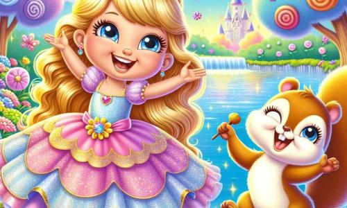 Una princesa alegre, con largos cabellos dorados y un vestido brillante de colores pastel, baila en un jardín encantado, su rostro resplandeciendo de felicidad. A su lado, una pequeña ardilla traviesa, Tito, con pelaje marrón y ojos chispeantes, salta de alegría sosteniendo una pequeña nuez dorada en sus patas. Al fondo, un lago brillante refleja el cielo azul, rodeado de flores multicolores que cantan melodías alegres. La escena irradia una atmósfera de magia y risas, mientras la princesa y Tito celebran su amistad entre árboles de caramelo y arbustos de algodón de azúcar.