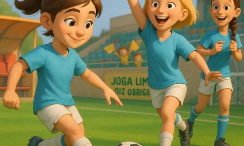 Luzia, jovem jogadora de futebol, sorridente e concentrada, cabelo castanho preso em rabo de cavalo, dá um passe perfeito com o pé direito; Ana, adolescente de ~16 anos, loira de cabelo curto, recebe correndo à frente com os braços levantados; Beatriz, adolescente de ~16 anos, castanha com tranças, posicione-se para chutar perto da pequena área à direita; ao fundo o técnico Miguel, cerca de 40 anos, cabelo sal e pimenta, de jaqueta esportiva, aplaude junto ao banco; estádio pequeno e acolhedor, relvado verde brilhante com linhas brancas, bancos coloridos, placa «JOGA LIMPO. DIZ OBRIGADA.» visível e algumas crianças nas bancadas com bandeiras amarelas; cena de um passe terno e preciso sob um céu azul suave, atmosfera benevolente, cores vivas e sensação de camaradagem em ação.