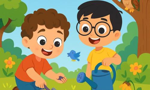 There are two main characters: Max, a 6-year-old boy with curly brown hair and sparkling blue eyes, wearing a red t-shirt and blue shorts, crouching with a small shovel ready to plant seeds; and Leo, also 6, with straight black hair, a big smile, and round glasses, wearing a yellow t-shirt and green pants, standing next to Max holding a watering can filled with water to water the seeds. The main setting is a sunny nature reserve with large green trees, colorful flowers, and a bright blue sky. The rich brown soil is dotted with small tufts of green grass. In the distance, a majestic oak tree provides a perch for Oliver, a wise owl watching the children. The main scene shows Max and Leo planting sunflower seeds in the ground, surrounded by wilted flowers, joyful and focused, with sunlight illuminating their faces. Small birds fly around them, adding life to this hopeful and ecological adventure.