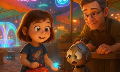 Mila, a brave and amazed 6-year-old with mid-length brown hair and freckles, wearing a simple rocket-pattern dress, clutches a red rocket-shaped lunchbox from which a small silver watch sparkles; a mischievous round child-sized patchwork robot with a spring tail looks surprised and ashamed as it offers a glowing blue token to Mila; a vendor in his 40s with a warm brown apron, salt-and-pepper hair and round glasses crouches behind the wooden stall counter with a gentle smile, ready to take the token; Skyline 2053 market: light paved aisle, translucent colorful tents, neon floating signs, small delivery robots gliding and an iridescent fountain, vivid metallic-reflective colors; main scene: calm bright exchange—Mila returns the slightly vibrating blue token, the watch emits a soft halo, the air shimmers like dissipating heat and background passersby show relief and curiosity; visual style: soft 3D render, saturated warm colors, smooth slightly cartoony textures, golden late-afternoon lighting, focus on faces and token glow.