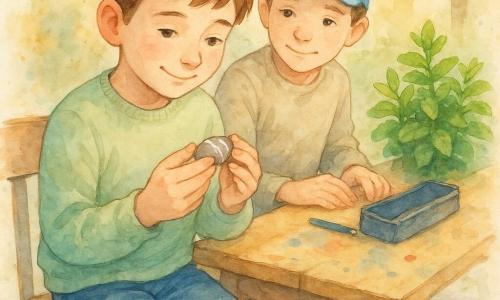 Milo, a 10-year-old boy with a concentrated, gentle face, curious eyes and short brown hair, wearing a pale green sweater and jeans, delicately holds a small smooth stone with white stripes and smiles shyly, while Sami, about 10, with a calm, relieved expression, a sky-blue cap and a slightly reserved posture, sits beside him on a bench with his hands near a pencil case at the table edge, watching the stone; the bench and small school garden show shiny green mint, light paving, a wooden school table with watercolor marks, a few leaves and a soft tree shadow; atmosphere of nascent trust, soft mid-afternoon light, dominant pastel greens, blues and browns, visible watercolor textures and controlled splashes for warmth and movement; composition places Milo in the foreground holding the stone, Sami slightly behind, the table and mint pot to the right in the background, with gentle depth and focus on the hands and stone to symbolize tolerance.