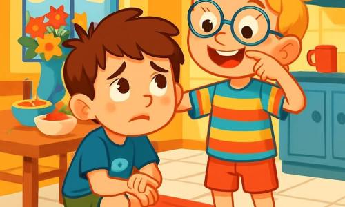 Há 2 personagens principais: - Tomás: um garoto de 8 anos, com cabelos castanhos bagunçados e olhos brilhantes. Ele usa uma camiseta azul com um desenho de peixe e um short verde. Ele está agachado, olhando para um amigo com uma expressão de desculpas no rosto. - Leo: um garoto de 8 anos, com cabelos loiros e óculos redondos. Ele veste uma camisa listrada colorida e um short vermelho. Ele está em pé ao lado de Tomás, sorrindo e fazendo uma careta para confortá-lo. O local da situação principal é uma cozinha iluminada e acolhedora, com paredes amarelas e uma grande janela que deixa entrar a luz do sol. Na mesa, um café da manhã apetitoso está disposto, com tigelas de cereais, frutas frescas e um vaso de flores coloridas. O chão é de azulejos brancos, e um bonito tapete vermelho está colocado no centro. A situação principal da história mostra Tomás, agachado com uma expressão preocupada, segurando um amigo azul quebrado aos seus pés, enquanto Leo, ao seu lado, tenta confortá-lo fazendo uma careta engraçada. A atmosfera é ao mesmo tempo séria e cheia de camaradagem, ilustrando a importância da amizade e da gestão das emoções.