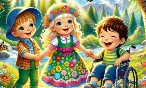Na słonecznej polanie trzej przyjaciele trzymają się za ręce. Ania, 7-letnia dziewczynka z pięknymi, złotymi lokami, radośnie się uśmiecha, nosząc kolorową sukienkę ozdobioną kwiatami. Po jej lewej stronie Bartek, 8-letni chłopiec w niebieskiej czapce i błyszczących oczach, wskazuje palcem na motyla, który lata w pobliżu. Po prawej stronie Julek, 6-letni chłopiec na wózku inwalidzkim, entuzjastycznie się śmieje, a jego brązowe włosy rozwiewa wiatr. Polana otoczona jest majestatycznymi drzewami z jaskrawozielonymi liśćmi, a w pobliżu lśni łagodny strumyk, odbijający promienie słońca jak diamenty. Kolorowe kwiaty rozsiane są po ziemi, tworząc żywy obraz natury. Przyjaciele radośnie rozmawiają o poszukiwaniu ukrytych skarbów w naturze, zdając sobie sprawę, że najpiękniejszymi skarbami są przyjaźń i cuda, które ich otaczają.