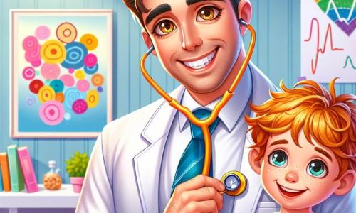 A smiling and warm male doctor, Dr. Thomas, wears a bright white coat and a stethoscope around his neck. His eyes sparkle with kindness as he examines a young boy, Max, who is about 8 years old. Max, with messy brown hair and a curious look, holds a colorful drawing in his hands, depicting Dr. Thomas as a superhero. Their faces are lit by the soft light of a welcoming consultation room, decorated with colorful health posters and children's drawings on the walls. In the background, a shelf filled with toys and children's books adds a joyful touch to the environment. The main scene shows Dr. Thomas listening to Max's heart with a stethoscope, while Max smiles, reassured and excited, ready to share his drawing.