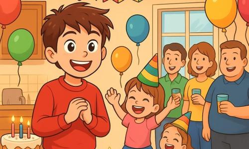 A 10-year-old boy named Theo stands at the center of the scene, beaming with a big smile. He wears a bright red sweater and blue pants, his messy brown hair and excited eyes adding to his joyful demeanor. Next to him, his 6-year-old sister Daisy sports three colorful party hats, laughing and jumping with joy in her unicorn-patterned socks. The scene takes place in a cozy kitchen decorated with colorful balloons and a large 