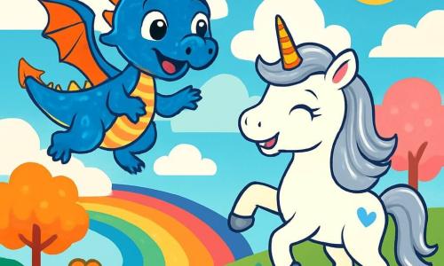 A little dragon named Ember, with shimmering bright blue scales and curious sparkling eyes, joyfully flies over a rainbow river, his shiny wings beating the air with enthusiasm. Next to him, a beautiful unicorn named Luna, with a sparkling silver mane and a glittering horn, dances among colorful flowers, her face radiating happiness. The setting is a floating kingdom in the sky, with fluffy cloud trees changing colors, sparkling rivers, and singing flowers illuminating the landscape. The main scene shows Ember and Luna having fun together, laughing and dancing under a bright blue sky, surrounded by the magic of their fantastical world.