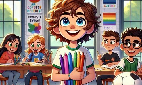 In the center of the image, Mia, an 11-year-old girl with curly brown hair and sparkling blue eyes, stands with a big smile, holding colorful markers. To her right, Alex, an 11-year-old boy wearing glasses, with brown hair and a focused look, writes notes in a notebook. On the left, Lila, an 11-year-old girl with short blonde hair and a soccer t-shirt, gestures enthusiastically while sharing ideas. Finally, Jake, an 11-year-old boy with black hair and glasses, leans over a laptop with furrowed brows, ready to show a video. 

The setting takes place in a bright community center, with large windows letting in sunlight, wooden tables covered with colorful art supplies, and posters on the walls celebrating diversity and equality. 

The main scene shows the group of friends engaged in discussion, surrounded by drawings and notes, working together on their project 