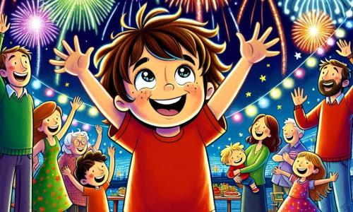 Un niño de 6 años, Miguel, con cabello castaño desordenado y ojos brillantes de alegría, está de pie en el centro de la imagen, con los brazos levantados hacia el cielo, maravillado por los fuegos artificiales coloridos que iluminan la noche. Lleva una camiseta roja y un short azul, y su sonrisa radiante muestra su emoción por el año nuevo. A su lado, su mamá, una mujer de unos 30 años con cabello largo castaño y un vestido colorido, lo observa con orgullo, con las manos en las caderas, compartiendo este momento mágico. Un poco más lejos, su papá, un hombre de unos 35 años con barba ligera y un suéter verde, sostiene a Miguel en sus brazos, riendo y señalando los fuegos artificiales. La escena se desarrolla en un jardín festivo, decorado con guirnaldas luminosas y globos coloridos, con vecinos alegres que bailan y ríen alrededor de una gran mesa llena de deliciosos platillos. El cielo nocturno está lleno de estrellas brillantes, y los fuegos artificiales estallan en una multitud de colores vibrantes, creando una atmósfera festiva. La situación principal muestra a Miguel, maravillado por los fuegos artificiales, rodeado de su familia y amigos, celebrando juntos el año nuevo con risas y sonrisas, listos para recibir nuevas aventuras.