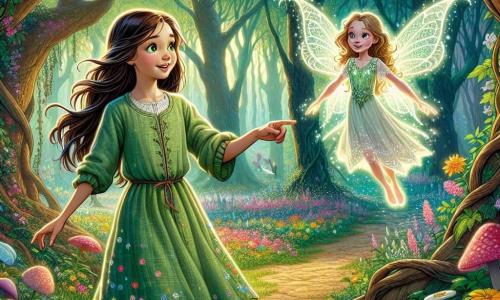 Em uma clareira encantada, Isadora, uma jovem corajosa de cerca de 12 anos, está no centro, com seus longos cabelos castanhos flutuando suavemente na brisa. Ela usa um vestido de linho verde, salpicado de flores coloridas, e seu rosto expressa uma determinação radiante enquanto olha em frente, pronta para enfrentar o desconhecido. Ao seu lado, Lúcia, uma pequena fada luminosa, flutua no ar. Ela tem asas cintilantes e veste um vestido feito de pétalas de flores. Seu rosto radiante mostra uma expressão de encorajamento e excitação, enquanto aponta a direção a seguir. A cena se passa em uma floresta mágica, onde árvores majestosas estão cobertas de cipós floridos e raios de sol filtram através da folhagem, criando padrões de luz no chão. Flores multicoloridas e cogumelos de formas estranhas salpicam o solo, adicionando à atmosfera mágica. Isadora e Lúcia se preparam para entrar na caverna da bruxa Morgana, um lugar escuro e misterioso, cuja entrada é cercada por serpentes de cristal cintilantes. A tensão é palpável, pois elas sabem que devem enfrentar a bruxa para proteger o tesouro mágico e salvar sua terra.