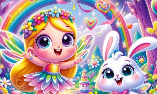 Em um mundo mágico e colorido, uma pequena fada chamada Lili, com asas brilhantes de todas as cores, dança alegremente no meio de uma floresta encantada. Ela tem longos cabelos dourados que flutuam ao seu redor, e seu rosto irradia felicidade enquanto faz piruetas no ar, deixando para trás um rastro de poeira de estrelas. Ao seu lado, um travesso coelhinho chamado Coco, com pelo branco e grandes orelhas caídas, salta de alegria. Ele tem olhos brilhantes e um sorriso travesso, segurando uma grande cenoura em suas patas dianteiras, pronto para compartilhar com seus amigos. A cena se passa em uma floresta encantada, onde as árvores são altas e coloridas, com troncos roxos e folhas em forma de corações. Flores multicoloridas dançam ao ritmo do vento, e um céu rosa pastel se estende acima deles, salpicado de nuvens em forma de doces. Lili e Coco estão preparando uma grande festa, cercados de decorações brilhantes e luzes mágicas, enquanto riem e se divertem juntos, cheios de empolgação para a celebração que se aproxima.