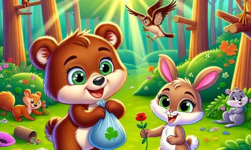 Um pequeno urso marrom chamado Bruno, com olhos brilhantes de curiosidade e um sorriso radiante, está recolhendo lixo em uma floresta verdejante, cercado por grandes árvores com folhas vibrantes. Ao seu lado, uma coquelicot charmosa, Lila, uma pequena coelha de orelhas grandes e pelagem macia, sorri alegremente segurando uma pequena flor que acabou de plantar. Ao fundo, amigos animais, como um esquilo travesso e um pássaro de rapina, os incentivam com expressões entusiasmadas. A cena acontece em uma floresta ensolarada, onde os raios de sol filtram através dos galhos, iluminando flores coloridas e arbustos luxuriantes. Bruno e Lila estão em plena ação, mostrando a importância de cuidar do meio ambiente com gestos amigáveis e alegres.