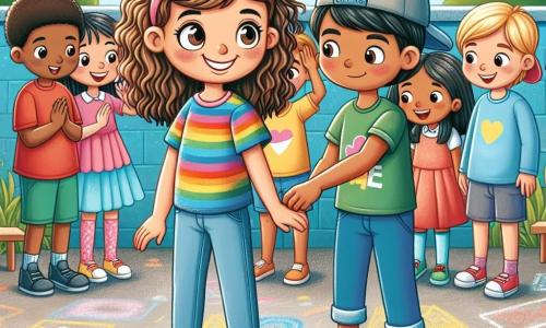 Uma menina de 12 anos, Sofia, está no centro da imagem, com cabelos cacheados e um grande sorriso. Ela usa uma camiseta colorida e jeans, e seu olhar é determinado, mostrando sua vontade de ajudar uma amiga. Ao lado dela, Clara, uma menina tímida de 11 anos com cabelos lisos e um vestido azul, olha para Sofia com gratidão, seus olhos brilhando de esperança. Ao fundo, um grupo de crianças, incluindo um menino de 12 anos chamado Pedro, com cabelo curto e boné, observa com um ar de encorajamento, pronto para apoiar Sofia e Clara. A cena ocorre no pátio de uma escola, cercada por paredes coloridas e brinquedos, onde árvores verdes trazem um toque de natureza. No chão, desenhos com giz colorido adicionam vida ao ambiente. A situação principal mostra Sofia segurando a mão de Clara, pronta para encorajá-la a se levantar contra o bullying, enquanto as outras crianças se reúnem ao redor, exibindo sorrisos e gestos de apoio.