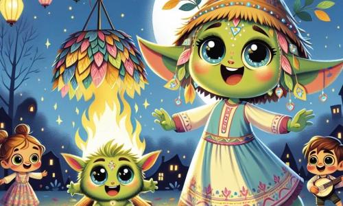 Bolota, uma pequena criatura verde com grandes orelhas pontudas e olhos brilhantes de curiosidade, dança alegremente ao redor de uma grande fogueira, seu rosto radiante de felicidade. Ela usa um pequeno chapéu de palha e um vestido colorido, com os braços levantados para o céu estrelado. Ao seu lado, Amora, sua irmã mais velha, é uma jovem de cabelos cacheados e dourados, vestida com uma túnica leve. Ela sorri entusiasticamente, segurando uma lanterna feita de folhas brilhantes que ilumina seu rosto alegre. Figo, um amigo de cabelos castanhos e óculos redondos, está um pouco afastado, rindo enquanto toca sua pequena lira feita à mão, com os olhos brilhando de excitação. A cena ocorre no jardim da casa da família, onde lanternas coloridas estão penduradas nas árvores, e a suave luz da lua ilumina o chão coberto de folhas. A fogueira crepita alegremente, projetando sombras dançantes nos rostos das crianças. Os personagens celebram juntos o fim do verão, compartilhando histórias ao redor do fogo, cheios de alegria e amizade, criando uma atmosfera calorosa e mágica.