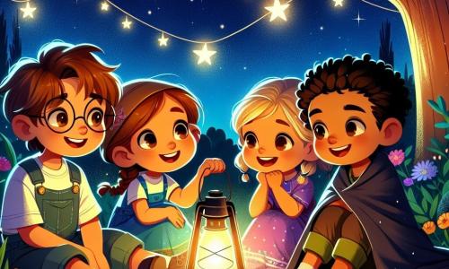 Quatro amigos estão reunidos em um jardim sob um céu estrelado. Miguel, um menino de 10 anos com cabelos castanhos bagunçados e óculos, segura uma lanterna acesa que ilumina seu rosto sorridente. Ana, uma menina de 9 anos com cabelos loiros trançados e um vestido colorido, está sentada ao lado de Miguel, com os olhos brilhando de excitação enquanto conta uma história. João, um garoto de 10 anos com cabelos negros e curtos, está um pouco afastado, com os braços cruzados, mas com um sorriso corajoso, pronto para ouvir. Luísa, uma menina de 9 anos com cabelos castanhos cacheados, está sentada um pouco mais longe, segurando um cobertor ao seu redor, mas seu olhar é determinado e curioso. O jardim está cheio de flores coloridas, e uma grande árvore se ergue ao centro, suas ramificações se estendendo como braços na escuridão. A luz da lanterna cria sombras dançantes na grama, adicionando um toque de magia à cena. Os amigos estão compartilhando histórias para superar o medo do escuro, rindo e se encorajando mutuamente, enquanto as estrelas cintilam acima deles, criando uma atmosfera acolhedora e reconfortante.