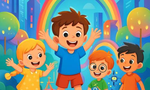 Er zijn 4 kinderen: Sem: een 5-jarig jongetje met rommelig bruin haar, in een blauwe t-shirt en een rode short, staat in het midden, glimlachend en zijn armen in de lucht, opgewonden voor het avontuur. Noor: een 5-jarig meisje met lange gevlochten blonde haren, in een gele jurk met stippen, springt van blijdschap links van Sem, met stralende ogen van enthousiasme. Finn: een 5-jarig jongetje met rood haar en ronde bril, in een groene t-shirt en een spijkerbroek, staat rechts van Sem met een klein robotje dat in zijn hand schittert. Liam: een 5-jarig jongetje met zwart haar en sproeten, in een oranje t-shirt en een zwarte short, staat iets verder naar achteren, kijkt met een grote glimlach naar de scène, klaar om zijn vrienden te vergezellen. De setting is de prachtige futuristische stad Lumina, met hoge glinsterende gebouwen en kleurrijke glazen gevels die zonlicht reflecteren. Verlichte bomen omringen de straten en zwevende lichtpaden leiden naar een grote speeltuin vol glinsterende structuren en leuke robots. Op de achtergrond verbindt een grote regenboogbrug twee delen van de stad, verlicht door lampen die van kleur veranderen. De kinderen zijn vol energie en opwinding, klaar om samen een avontuur te beleven in deze magische stad waar alles levendig en vrolijk lijkt.